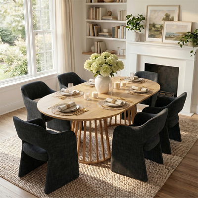 6- Person Dining Table Sets With Extendabe Oval Table & 6 Upholstered Fabric Dining Chairs