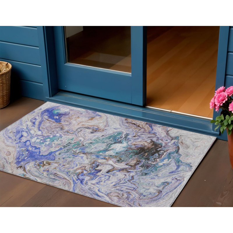 Tapis d'extérieur lavable abstrait bleu et taupe 3 pi x 5 pi beige