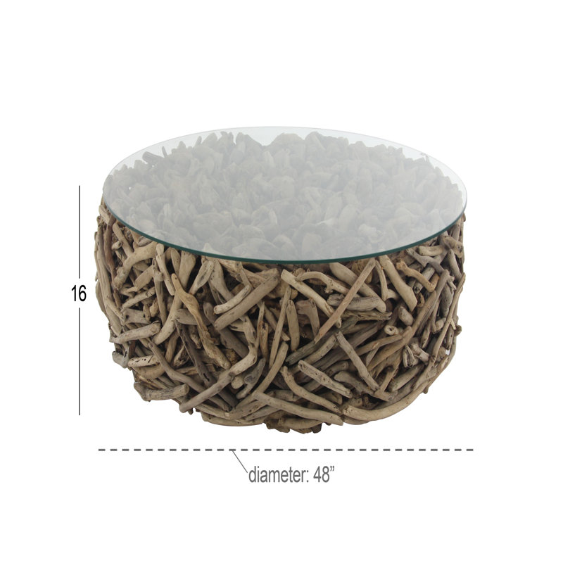 Driftwood Handmade Stacked Collage Living Room Coffee Table with Tempered Glass Top