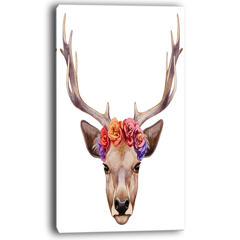 Designart cerf portrait avec cerf-tête floral, art mural sur toile tendue, H 60 po x l 28 po x P 1,5 po