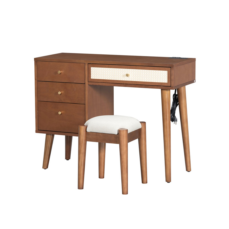 Coiffeuse en bois de noyer avec 4 tiroirs, charge et tabouret