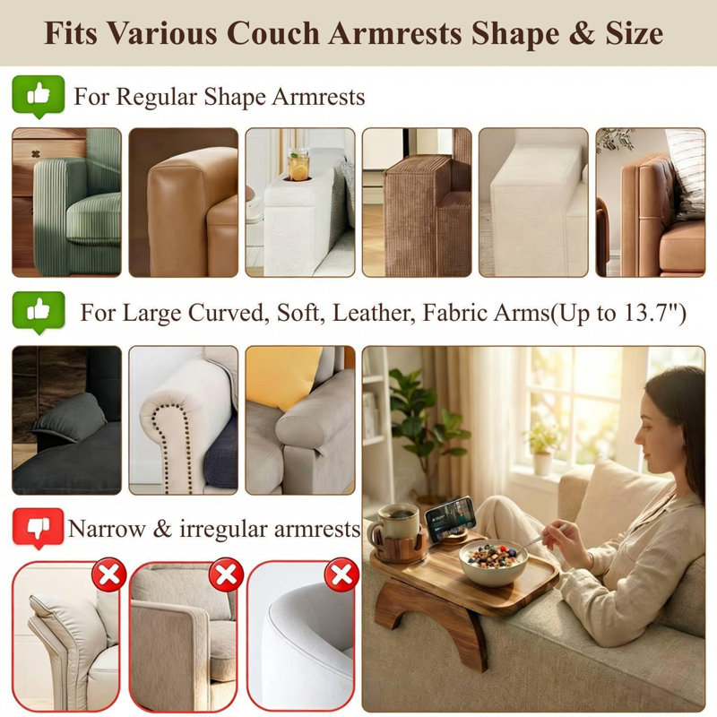 Table avec accoudoirs Couch, plateau de canapé en bois d'acacia avec téléphone pivotant à 360 ° et porte-gobelet