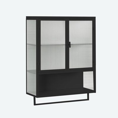 23.62"Glass Doors Wall Cabinet with with Two-tier Enclosed Storage, an Open Shelf, and Towel Rack by Farm on table
