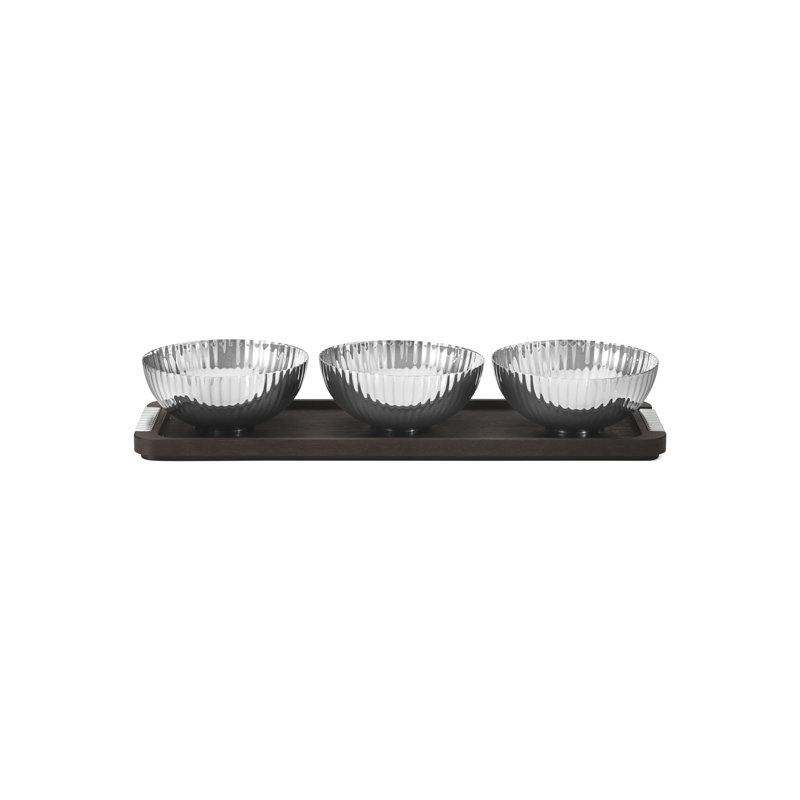 Bernadotte Dark Wood Tray with Ribbed Stainless Steel Bowls