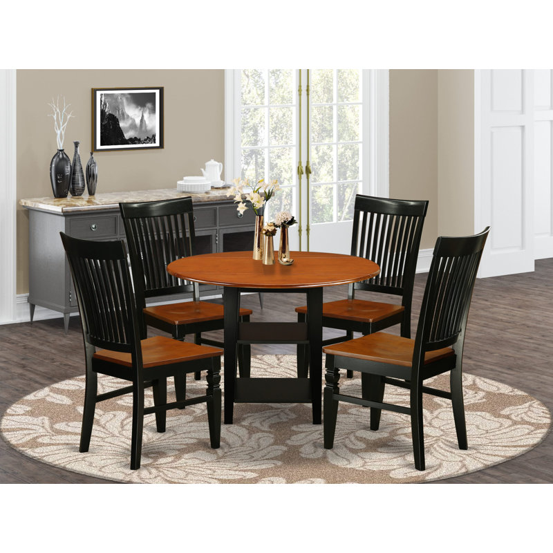5 Piece Dining Set Includes a Round Dining Room Table with Dropleaf & Shelves and 4 Kitchen Chairs, Black & Cherry