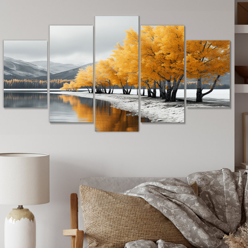 Monochromes jaunes et gris arbre symphonie II - paysage arbres art mural sur toile - 5 panneaux