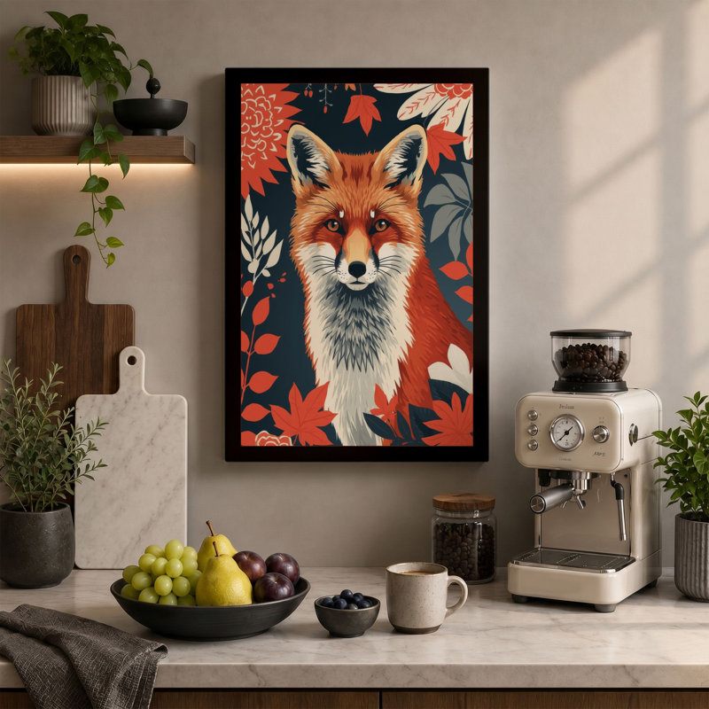 Fox in Botanical Frame Boho - Wrapped Canvas, 30x20 - 76.2 x 50.8 cm, White Border