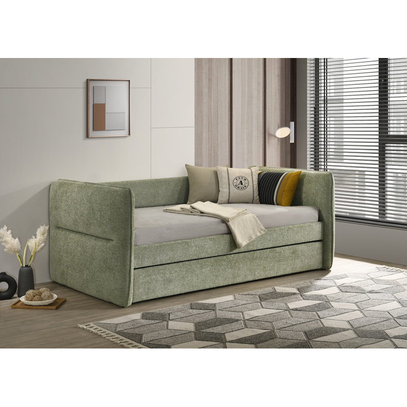 Luxueux lit de jour moderne 1 pièce avec lit gigogne escamotable capitonné et garniture cloutée, mobilier de chambre à coucher, finition vert clair