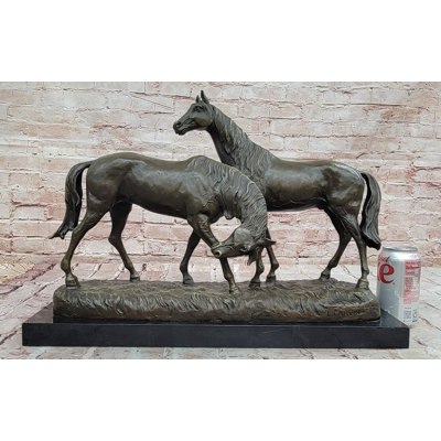Necking Horses Equestrian Horse Lover Bronze Sculpture Statue Art Figure Marble Base