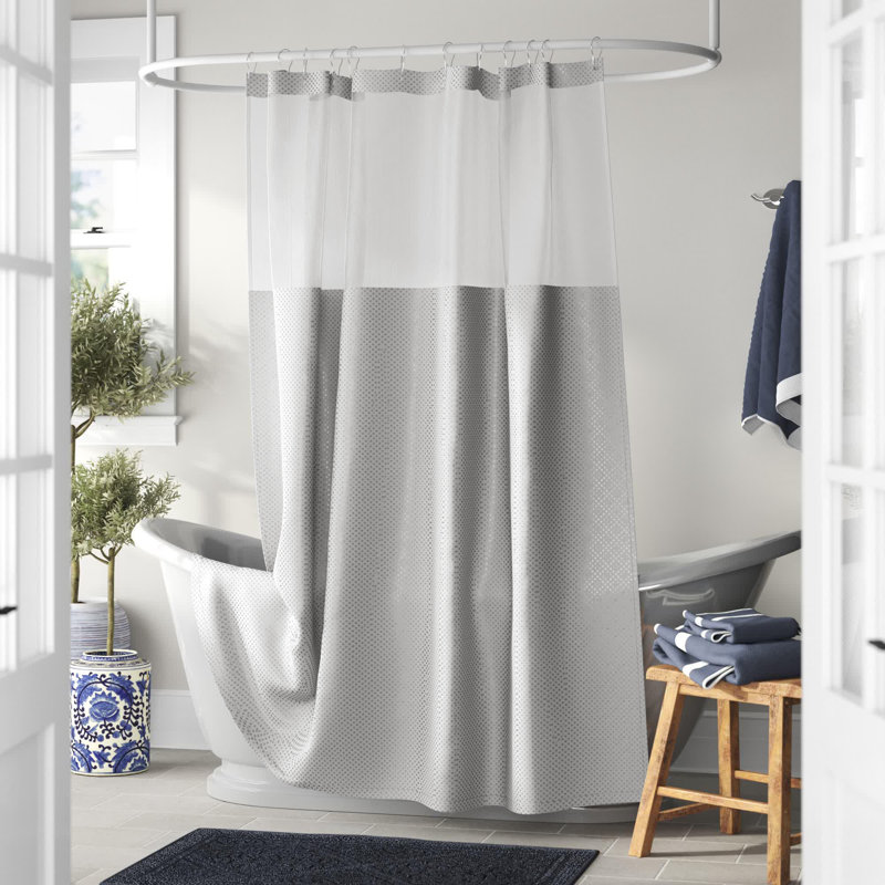 Rideau de douche à tissage gaufré moderne pour salle de bain avec dessus en filet et ensembles de doublure, Argent