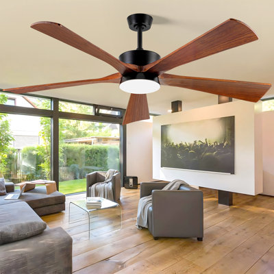 Ventilateur de plafond 60 po 5 pales moderne avec lumière DEL et télécommande, moteur réversible, pales en bois massif noyer - finition noire