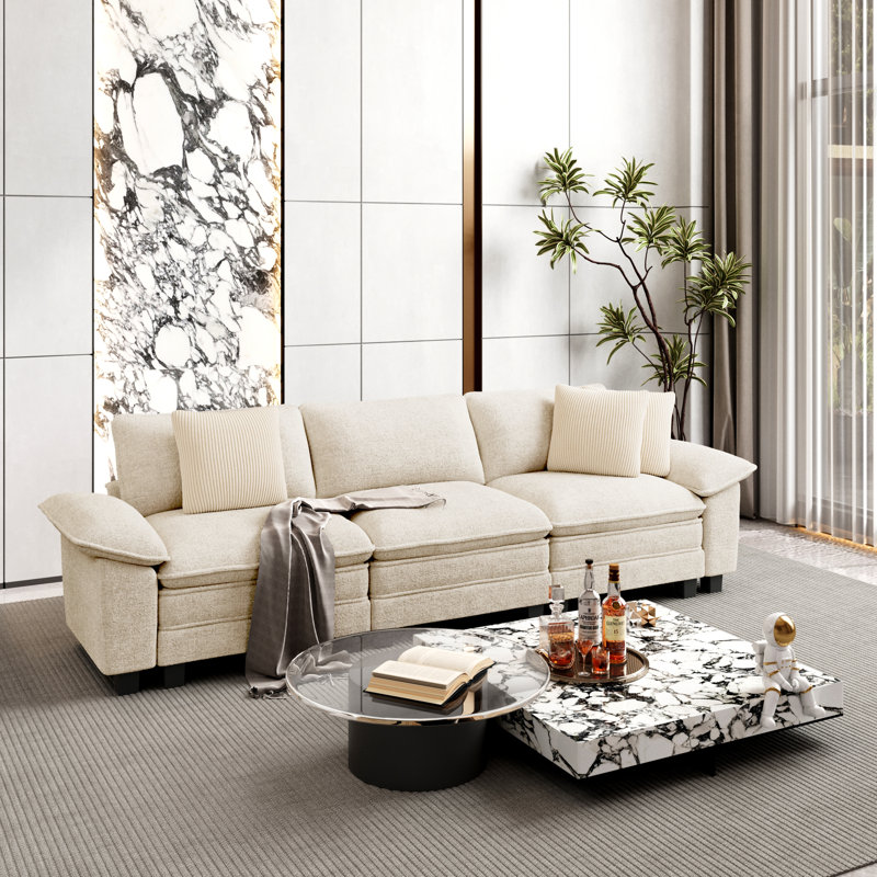 Chenille Chaise End Sofa, 3, Ivory Chenille