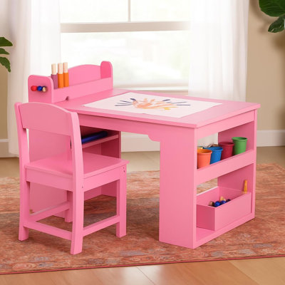 Table pour enfants et 2 chaises, table de bricolage avec grandes tablettes de rangement, bureau de dessin en bois pour tout-petits et meubles pour enfants