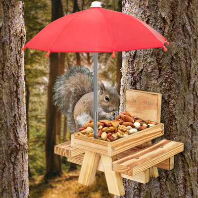Mangeoire d'écureuil en bois carbonisé avec parasol