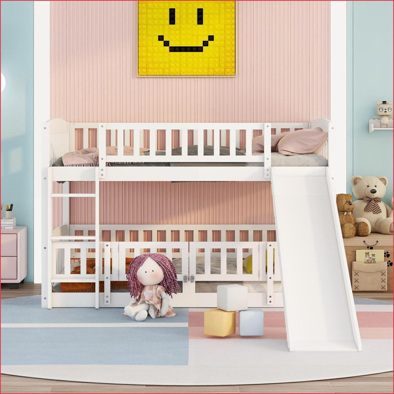 Lit superposé double au-dessus de double avec glissade et amp; Échelle convertible, cadre en bois de pin massif sans sommier blanc pour les adolescents