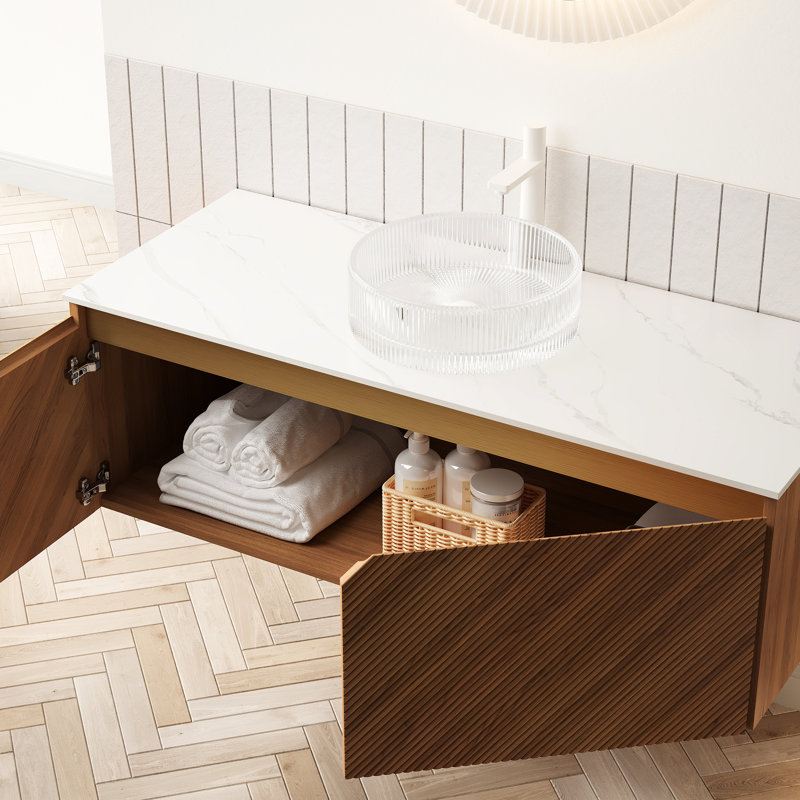 Meuble-lavabo 48 po avec lavabo en cristal, rangement en contreplaqué flottant, chêne, conception en sergé, système de fermeture en douceur