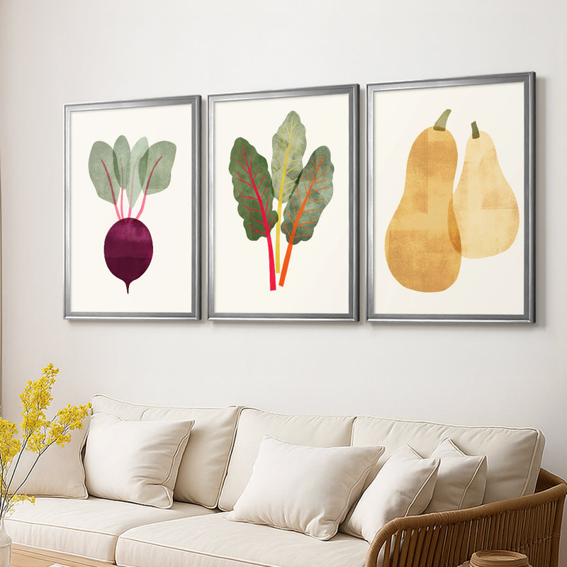 Organic Veg IX - Toile tendue avec châssis sur mesure - 3 pièces, H 39 po x l 81 po, Argent argent