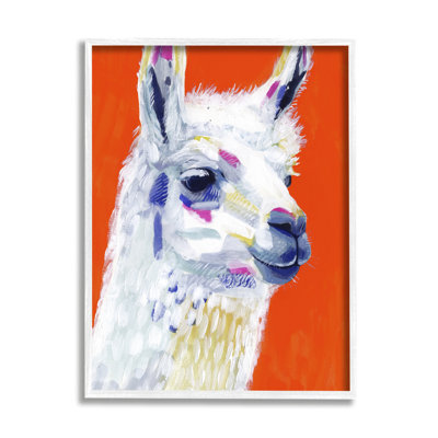 Lama moderne sur fond rouge encadré sur bois par Victoria Borges, peinture