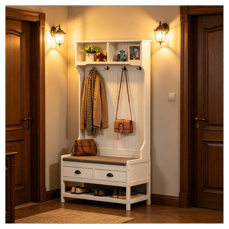 Entryway Hall Tree with Bench, Shoe Storage, and Drawers, White MDF Coat Rack Organizer