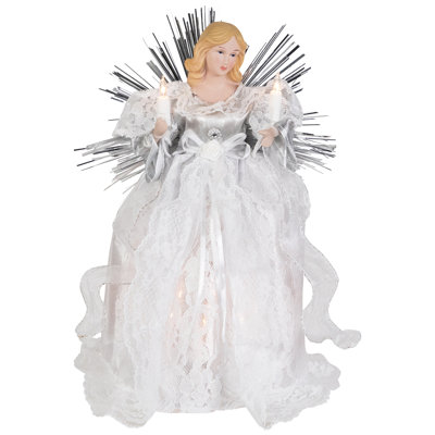 Lighted Angel With Candle Christmas Tree Topper - 10.5" - Silver - Clear Lights