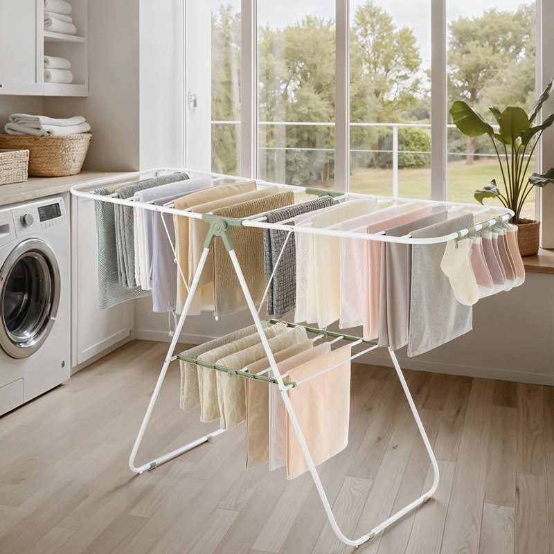 Séchoir à vêtements, avec pinces à chaussettes, support à linge en métal, pliable, peu encombrant, séchoir autoportant, intérieur / extérieur