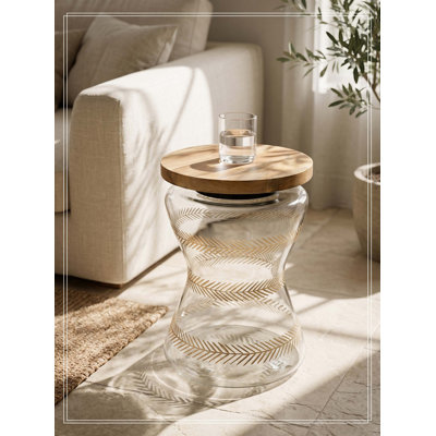 Table d'appoint en verre 11 po x 15 po avec plateau en bois, table d'appoint ronde avec base peinte à la main, table d'appoint moderne tropical