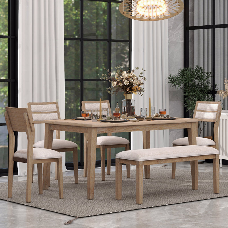 Ensemble de salle à manger 6 pièces de style classique et traditionnel, comprenant une table de salle à manger, 4 chaises rembourrées et un banc