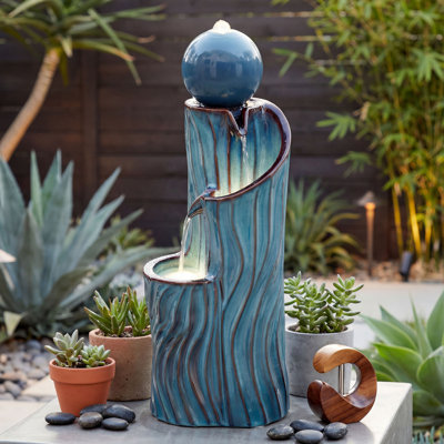 32" Ceramic Outdoor Water Fountain with LED Lights, Cascading Waterfall & 3-Tier Dynamic Wave-Texture Sphere in Turquoise for Garden Patio Yard Porch Relaxation