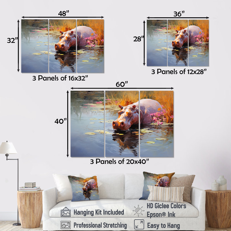 Art africain, Hippopotames Haven 1 - Hippopotame, Toile tendue, H 28 po x l 36 po