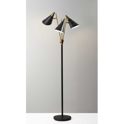 Lampe sur pied noire en métal avec trois abat-jours coniques réglables en laiton antique