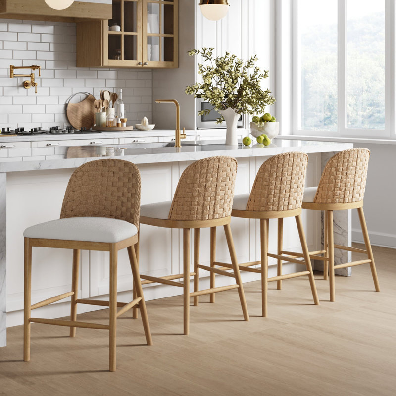 Upholstered Boucle Counter Stool with Solid Wood Frame, 4