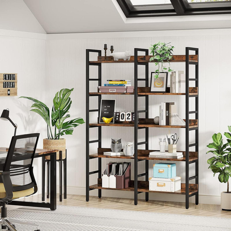 70.86”  Tall  5-Tier Rustic Brown Double Wide Industrial Bookshelf  For Living Room, Office & Kitchen