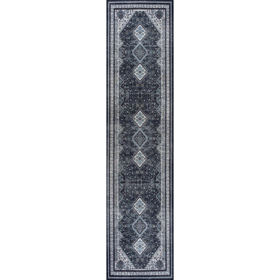 Dalyan Geometric Medallions Machine-Washable Navy/Light Gray Rug
