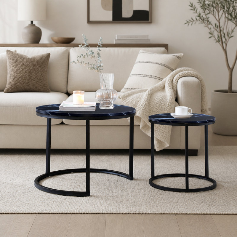 Ensemble de 2 tables basses gigognes rondes avec plateau en marbre noir et structure en métal noir, White/Black