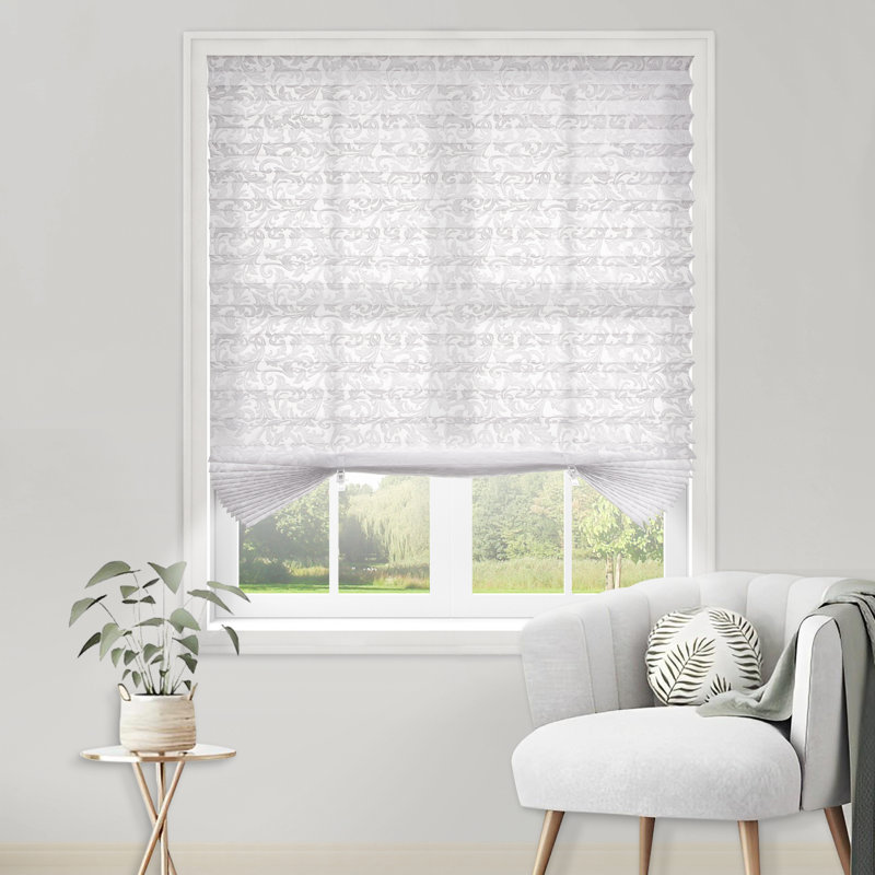 White Emboss Designed Cordless Pleated Paper Shades With Printed Flower Pattern, 35" W x 71" L
