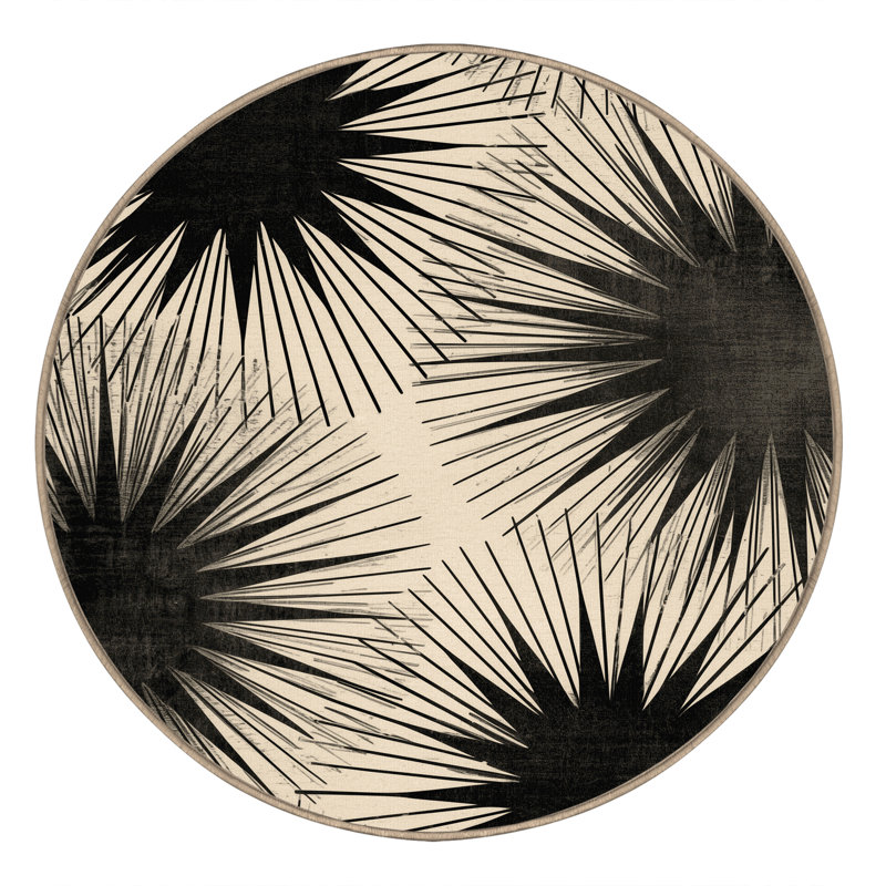 Machine Washable Manhasset Art Deco Starburst Rug in Beige – Beige Binding, 3' Round