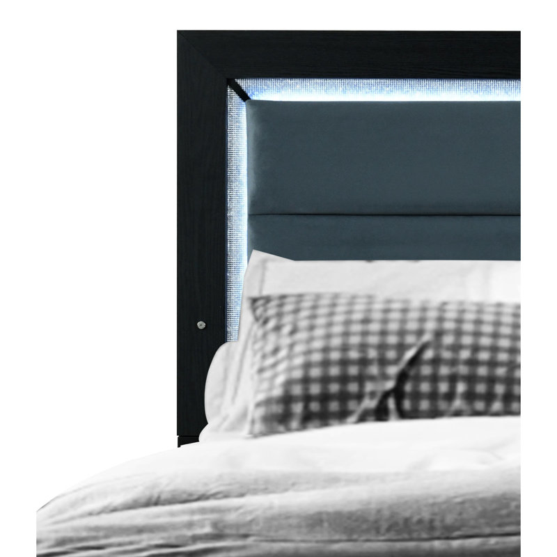 Grand lit moderne noir avec tête de lit tapissier et étincelle à DEL, bois massif +, l 81,81 po Profondeur: 61,76 po de largeur, 53,1 po de hauteur et 87,58 lb de hauteur, profondeur, largeur, hauteur, poids