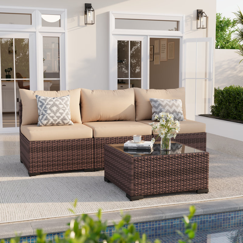 Ensemble canapé de jardin 3 places en résine tressée avec coussins et table basse en verre, Kaki