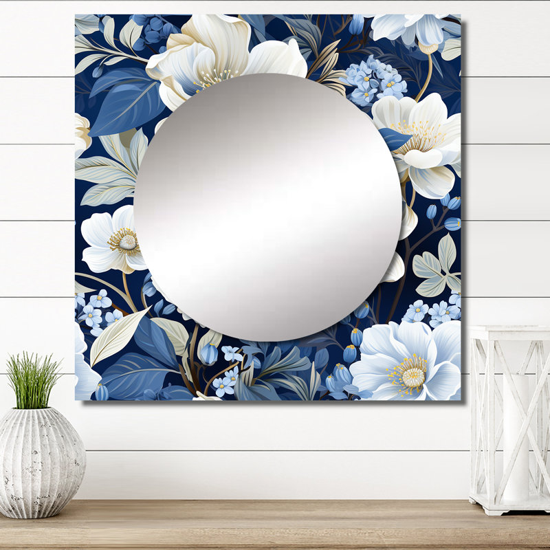 Icy Blue Snowy White Flowers Scenery - Art mural miroir floral carré pour la salle de bain, 29 po x 29 po
