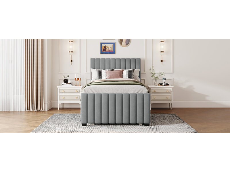 Lit plateforme simple tapissier en velours avec lit gigogne simple, gris