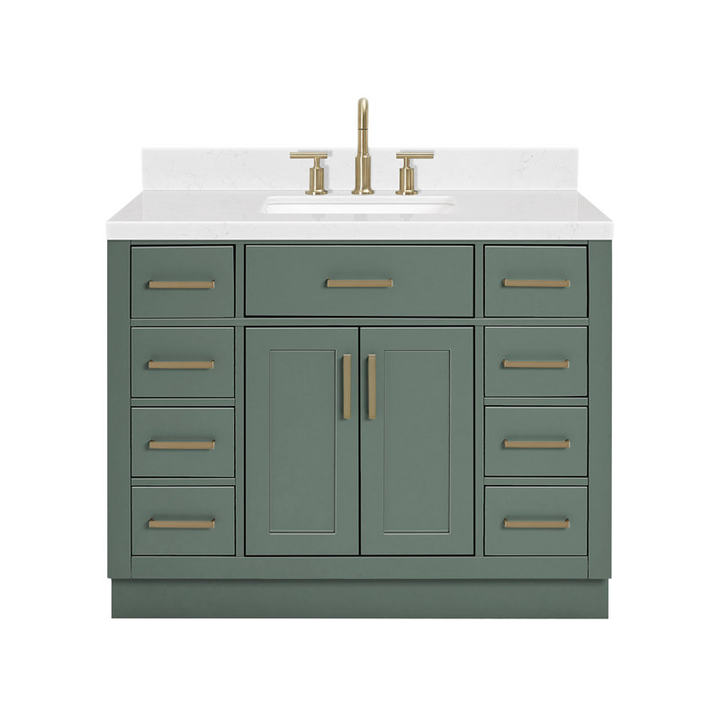 Occhipinti 42'' Solid Wood Single Bathroom Vanity with 1.5'' Carrara Quartz Top, Rectangular, Vintage Green  / Satin Brass