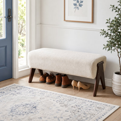 Mid-Century Modern Chenille Ottoman Bench with Wood Legs, Upholstered Footrest for Bedroom or Entryway
