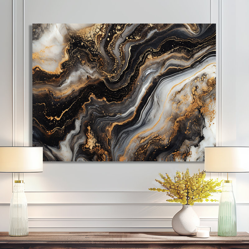 Glam Gold Flows, agate noire - salon d'art mural en marbre, H 16 po x l 32 po x P 1 po, Toile tendue