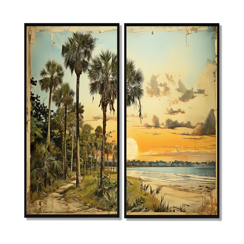 Collage rétro de la Floride, palmiers et plage V - art mural vert, H 32 po x l 32 po, Impression encadrée flottante, Noir