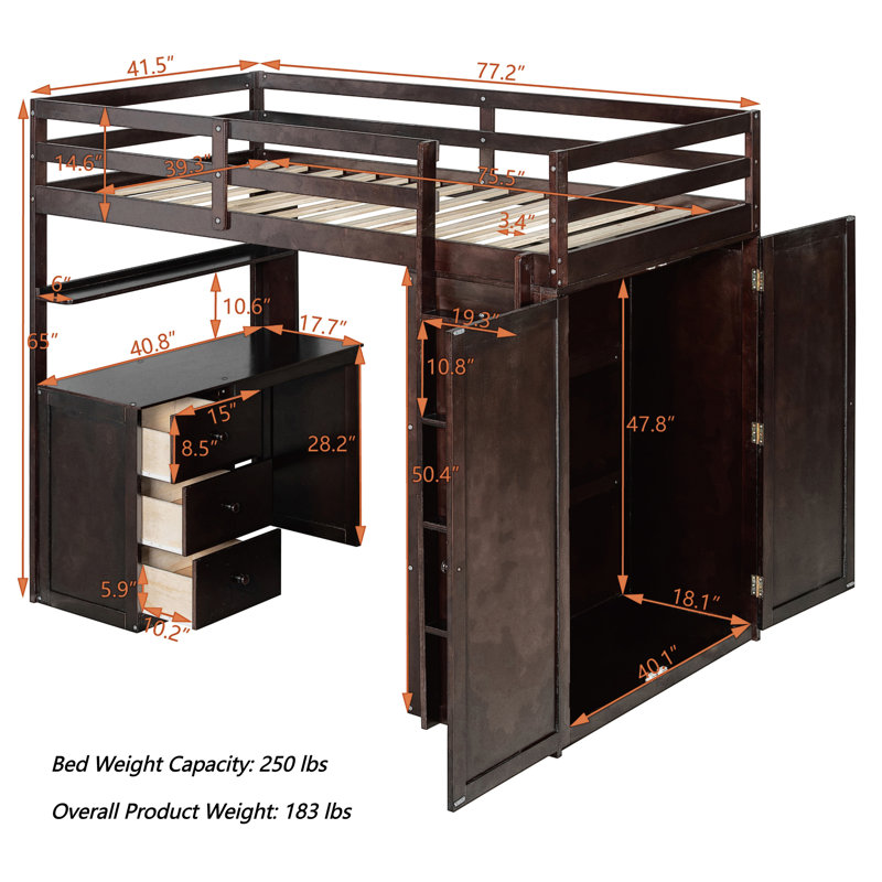 Lit mezzanine avec bureau intégré et garde-robe, Simple, Espresso