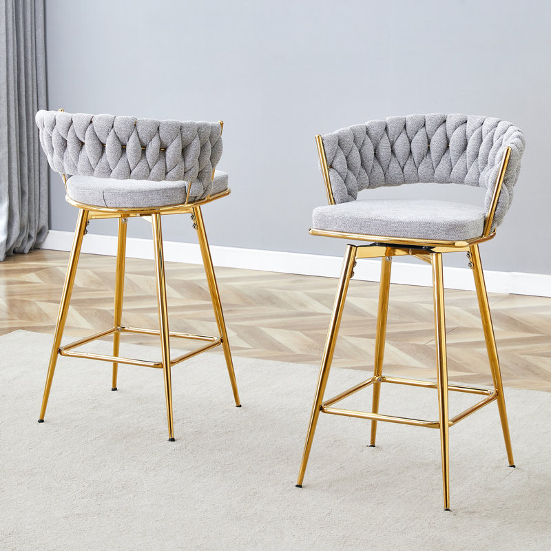 Two Sets Of Swivel Bar Stools, Gold, Light Gray