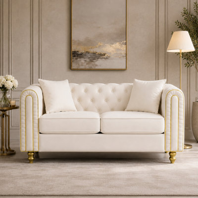 63" Velvet Sofa Couch With 2 Pillows & Golden Metal Decor
