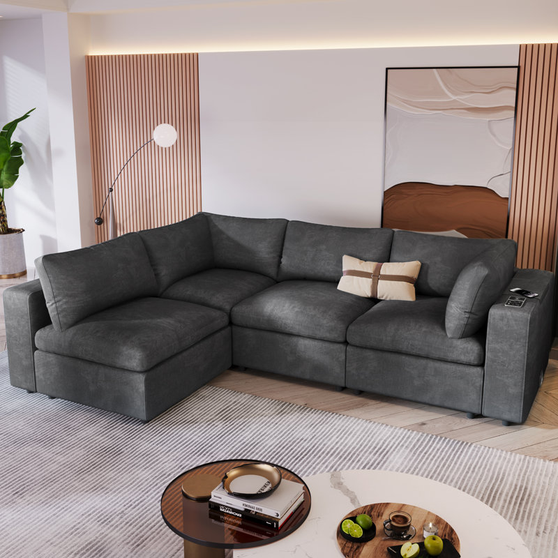 4 - Piece Modular Upholstered Sectional, Gray Polyester Blend