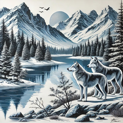 Mountain Guardians: Wolves by the Lake Canvas Wall Art Print
