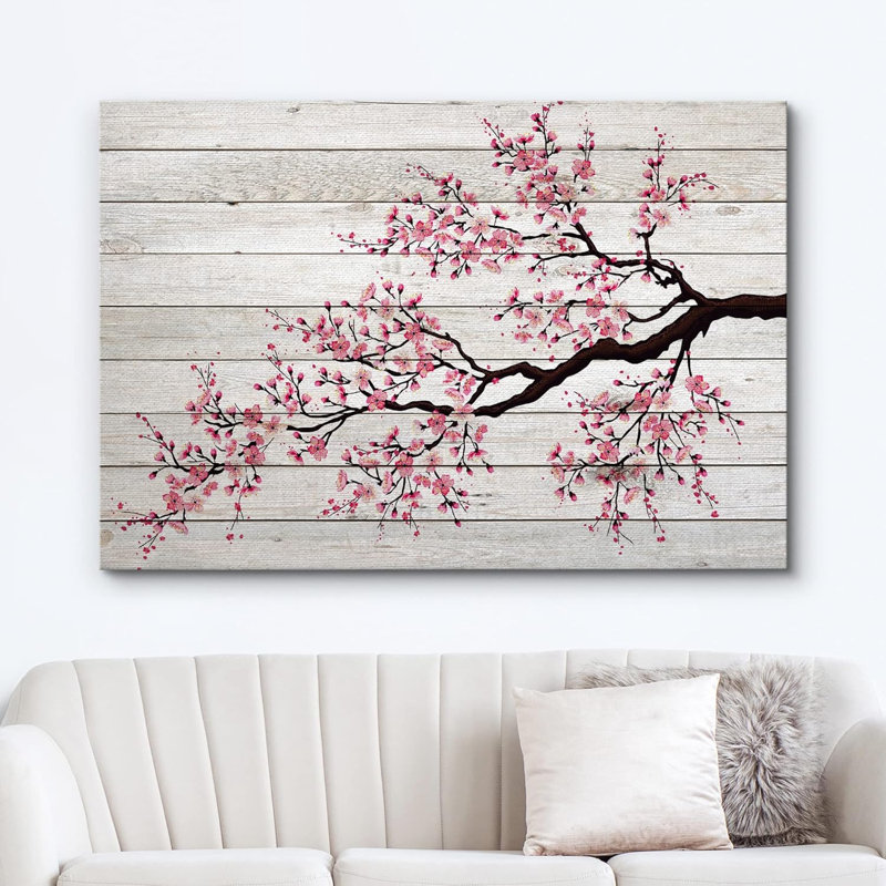Illustration d'une branche de cerisier en fleurs sur des panneaux à effet de bois, art sur toile, Toile tendue
